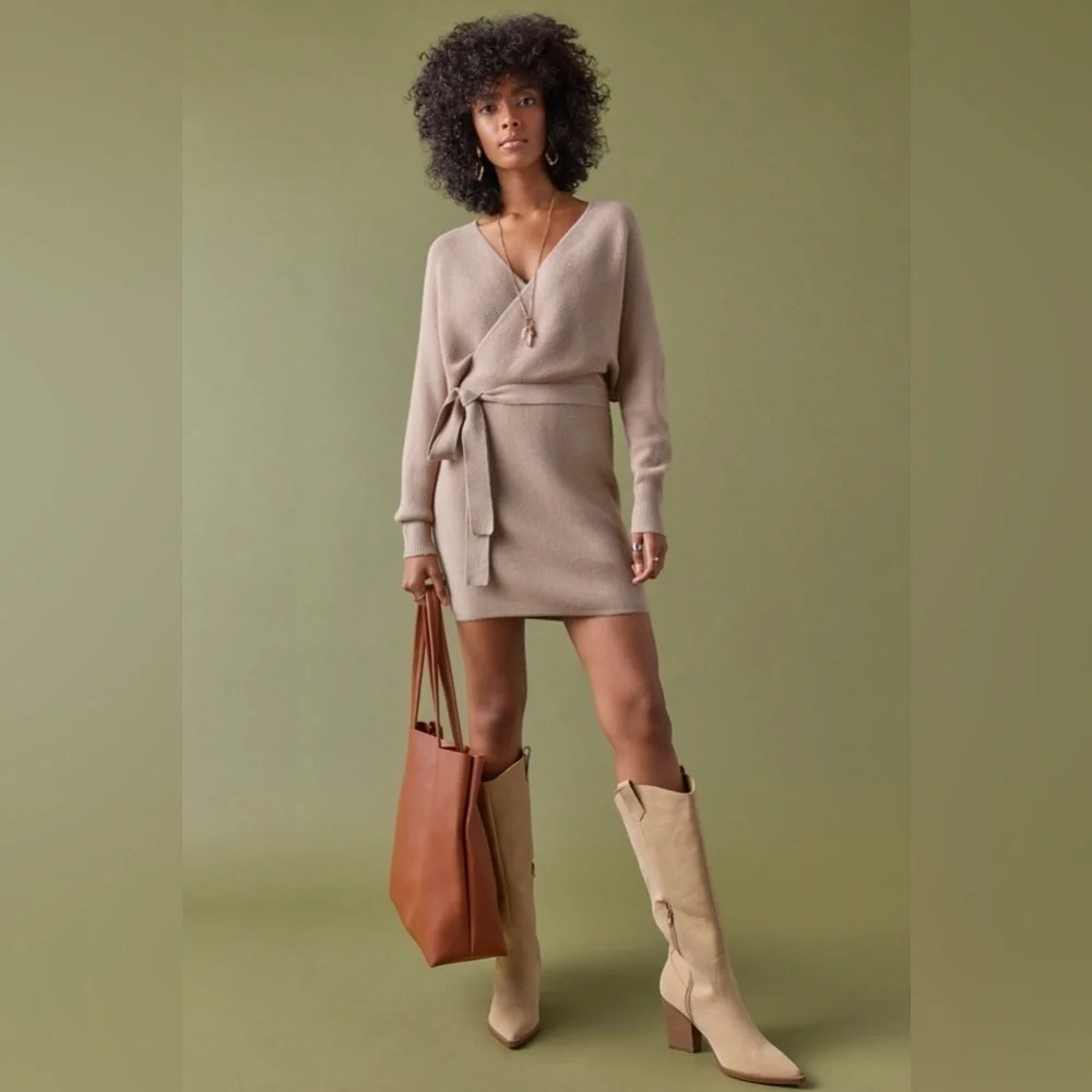 Tan Asymmetrical Wrap Sweater Dress - Picture 2 of 6